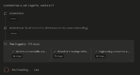 An AI agent running a multi-step red-team analysis, showing 'Ran 3 agents · 174 steps'.